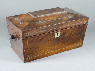 A 19th Century mahogany twin compartment tea caddy of  sarcophagus form with hinged lid, 11"w x 6"d x 7"h