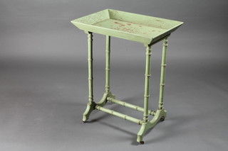 A 19th Century green painted rectangular tray top table, raised on turned supports 22"w x 16"d x 28"h