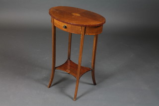 A 19th Century oval inlaid mahogany occasional table raised on  square tapering supports 18"w x 12"d x 25"h