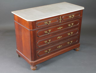 A Continental mahogany commode with white marble top, fitted  2 short and 3 long drawers with brass handles, raised on bun feet,  44"w x 21"d x 33"h  ILLUSTRATED