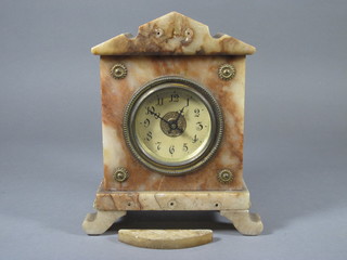 A mantel clock with paper dial and Arabic numerals contained in an onyx finished case