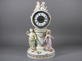 A French mantel clock with enamelled dial contained in a porcelain encrusted case supported by figures of cherubs 18"