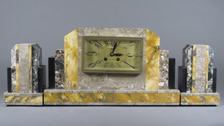 A French Art Deco 3 piece clock garniture comprising an 8 day striking mantel clock with square dial and Arabic numerals  contained in a 4 colour marble case together with a pair of side  pieces