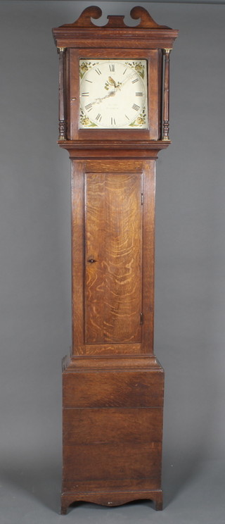 An 19th Century 30 hour longcase clock the 10 1/2" dial painted  a bird marked M N Pure of Horsham, contained in an oak case  82"