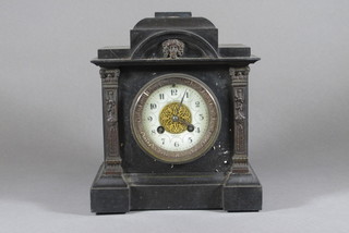 A 19th Century French 8 day striking mantel clock with  porcelain dial and Arabic numerals, contained in a black marble  case