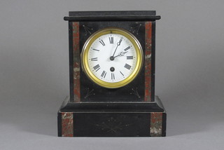 A 19th Century French 8 day mantel clock with enamelled dial  and Roman numerals contained in a 2 colour marble case
