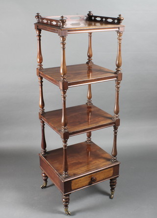 A Victorian square mahogany 4 tier what-not with turned column supports, the base fitted a drawer, raised on turned feet 19 1/2"w  x 17"d x 58"h