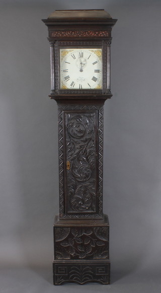 An 18th Century 30 hour longcase clock, the 12" square dial with  floral painted spandrels, subsidiary second hand marked Payne of  Hadreigh?, contained in a heavily carved oak case 81"   ILLUSTRATED