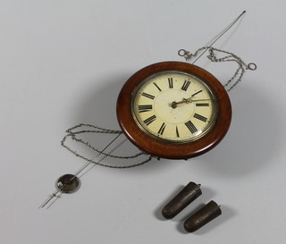 A Postman's alarm clock with 8 1/2" circular painted dial with  Roman numerals, contained in a mahogany case