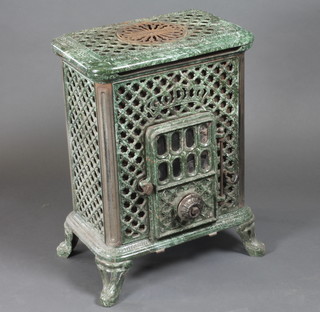A French pierced green enamelled cast iron stove marked  Radiolette 18"w x 12"d x 25"h