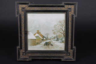 A triptych plate mirror contained in a Cambridge style frame  decorated prints of snowy scenes 15"