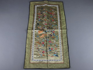 An Oriental silk embroidered panel depicting panels 25" x 13"