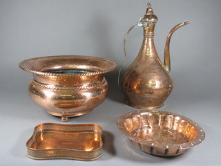 A circular engraved copper jardiniere 12", a copper coffee pot  13", do. embossed dish 9" and 1 other dish