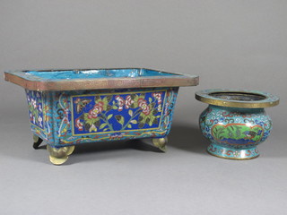 A rectangular Oriental cloisonne enamel planter with floral  decoration 10" and a circular jardiniere 5"