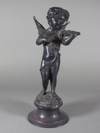 A bronze figure of a standing cherub playing a violin 14"