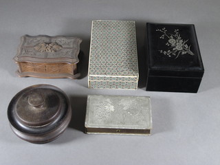 A rectangular black lacquered box 5 1/2", a Moorish rectangular  box 7", 2 wig boxes and a National Savings money box