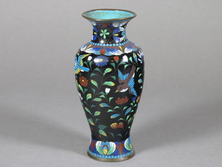 A black ground and floral patterned cloisonne club shaped vase 5  1/2"