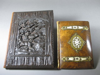 A Victorian walnut and brass banded blotter 9" x 6 1/2" and 1  other blotter contained in a carved hardwood case 11" x 9"
