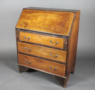 An Edwardian inlaid mahogany bureau the fall front revealing a  well fitted interior above 3 long graduated drawers, raised on  bracket feet 30"w x 37"h x 16"d