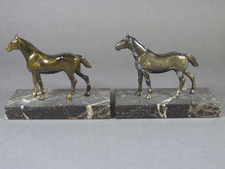 A pair of spelter figures of horses, raised on marble bases 4"