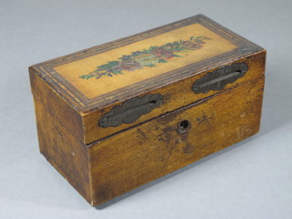 A Victorian rectangular mahogany money box with painted  decoration 6"