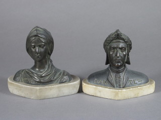 A pair of spelter portraits busts of lady and gentleman, one marked Dante and Death 4"
