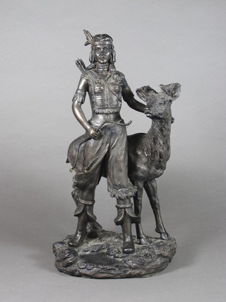 A bronze figure of a red Indian Squaw and standing deer 13"