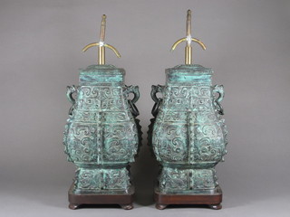 A pair of Oriental bronze square shaped table lamps  16"  ILLUSTRATED