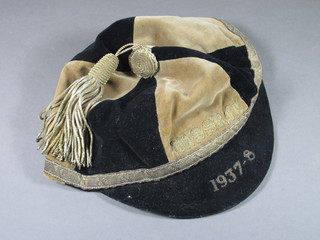 A sporting cap marked MSSRFU 1937-1938 by Marsh & Sons