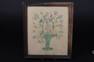 A picture in the form of a basket of flowers, formed from George  V postage stamps 11" x 9 1/2"