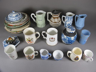 An Oriental blue glazed ginger and cover - chip to inner rim, a  19th Century Turnerware style jug with pewter lid 6" and a  collection of commemorative mugs, other decorative plates etc
