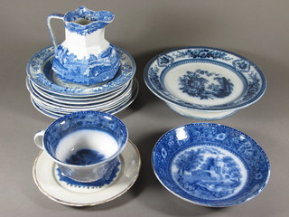 A Copeland Spode blue and white octagonal shaped dish 6", a  large Victorian blue and white cup and saucer, a blue and white  comport, a 19th Century plate marked Courtship Matrimony, 8  various 19th Century blue and white plates and a blue and white  bowl