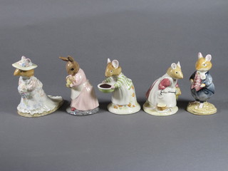 5 Royal Doulton Bunnykins figures - Dusty Dogwood, Clover, Mrs Toadflax, Mother and Baby Bunnykin and Poppy Eyebright