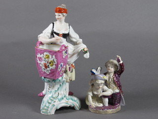 A Continental porcelain figure of lady with basket, the base with sceptre mark 9" together with a porcelain figure group of 2  seated children with bunch of grapes 5", f,