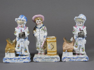 3 19th Century Continental porcelain match strikers decorated standing girl by bag, marked Ready to Start 6"