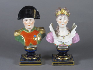 A pair of 19th Century Sevres porcelain portrait busts of Napoleon and Josephine, bases marked Mre Imple De Sevres 6"