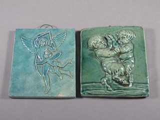A pair of turquoise tiles decorated classical scenes 4" x 3"