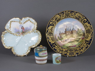 A "Sevres" plate signed Daniellot, the reverse marked Chateau De Chaumont 10", a leaf shaped dish marked  Depose 9", a Sevres mug 3" - f & a Sevres miniature tankard  1 1/2"