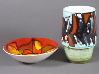 A Poole Pottery atomic orange circular bowl 6" and a cylindrical  Poole Pottery, Art Pottery vase 6"