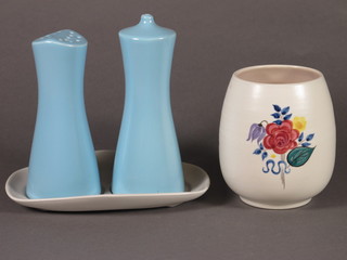 A circular Poole Pottery vase the base impressed 287 4" together  with a blue glazed pottery twin section condiment with salt and  pepper