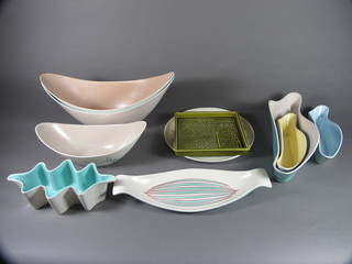 3 Poole Pottery boat shaped dishes, the bases marked C96, C97  and 302, together with 4 shaped dishes, a square green Poole  Pottery tray and do. plate