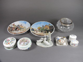 A cut glass rose bowl, 2 Royal Doulton collector's plates, various  jars and covers etc
