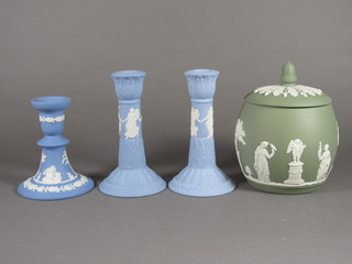 A Wedgwood green Jasperware jar and cover 6", pair of  Wedgwood blue Jasperware candlesticks 6 1/2" and 1 other 5"