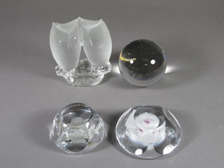 A glass sculpture of 2 owls 5" together with 3 glass paperweights