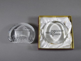 A Mat Johansson sculpture of a long boat 4" and a Wedgwood paperweight commemorating the Centenary of Fairclough 1983 -   boxed