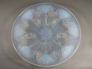 A Lalique Oeillets circular blue glass bowl decorated leaves and carnations, 14"  ILLUSTRATED