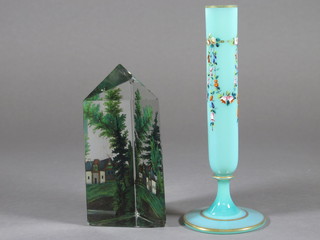 A Victorian turquoise opaque glass specimen vase with floral decoration raised on a spreading foot 7 1/1" and a Victorian  wedge shaped painted glass paperweight 4" - chip to rim