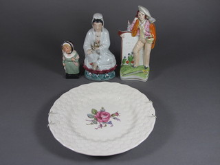 A Royal Doulton figure - Mrs Bumble 3", a Spode floral  patterned plate 9", a Staffordshire flat back figure for the memory of a soldier - f and r 6" and a figure of a seated Deity 7"