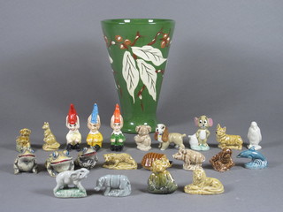 A Royal Brenham ware green glazed vase with leaf decoration  7", a collection of Wade Whimsies and other miniature figures