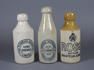 3 club shaped ginger beer bottles - The Plymouth Brewery Ltd 7", Ross Bottling Newton Abbott 7" and Henry Hurdus of  Hollinwood 8"